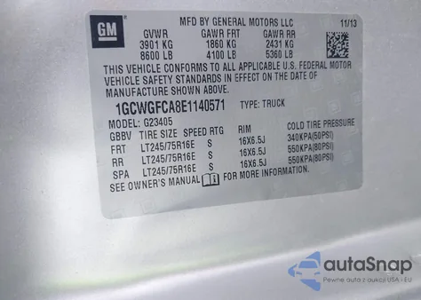 2014 Chevrolet Express 2500 Work Van z USA, uszkodzony, nr VIN 1GCWGFCA8E1140571